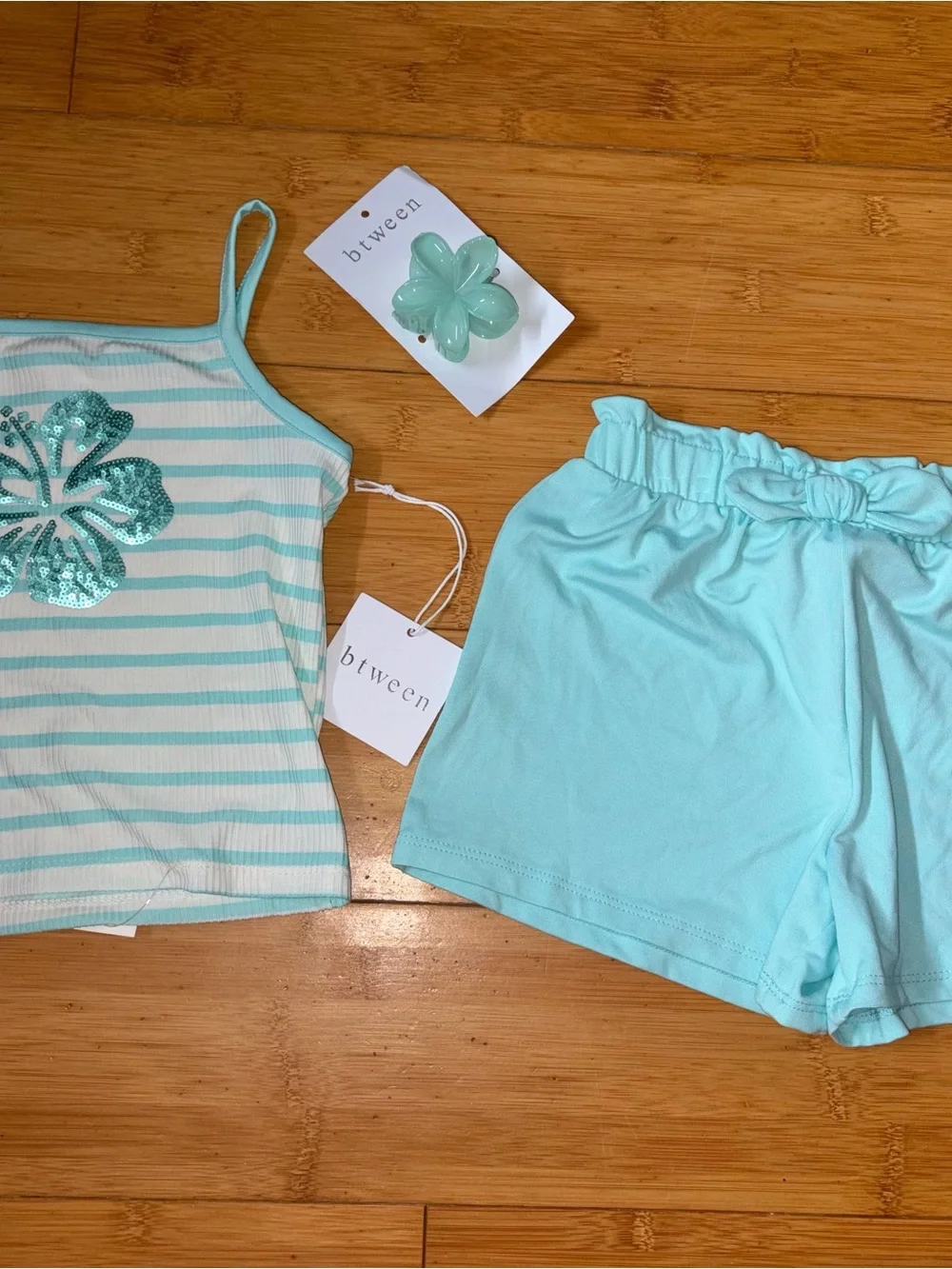 NWT Girl’s Size 5 Outfit - Striped Sequined Flower Tank Top & Pull On Shorts Set
